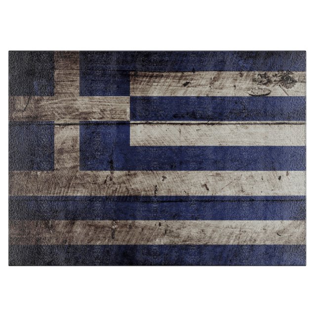 Greece Flag on Old Wood Grain Cutting Board (Front)