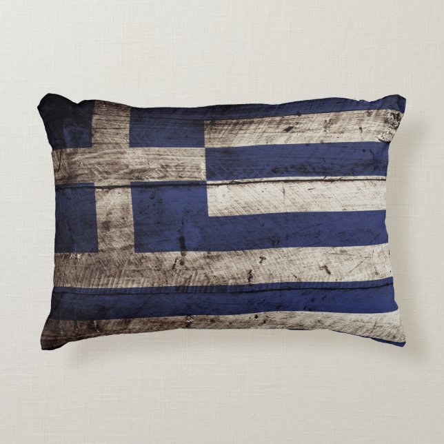 Greece Flag on Old Wood Grain Decorative Pillow (Front)