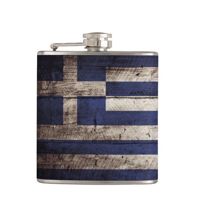 Greece Flag on Old Wood Grain Hip Flask (Front)
