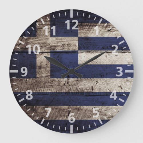 Greece Flag on Old Wood Grain Large Clock