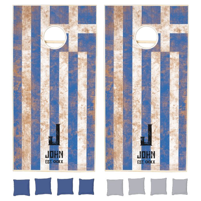 Greece Flag Personalized Name Monogram Wood Cornhole Set (Set)