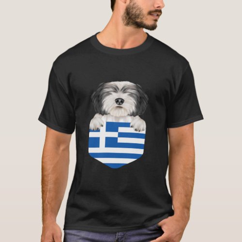 Greece Flag Polish Lowland Sheepdog Dog In Pocket  T_Shirt