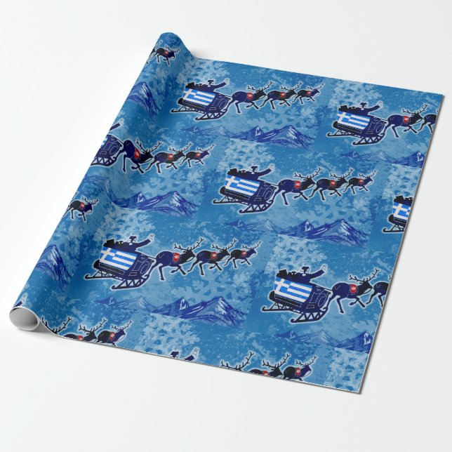 Greece flag Santa sleigh Christmas wrap paper (Unrolled)