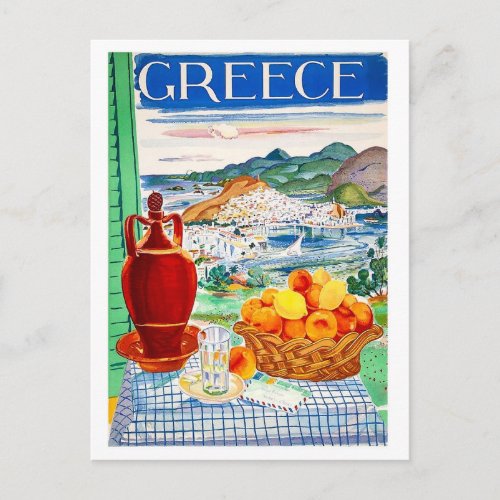 Greece fruits on table window landscape view postcard