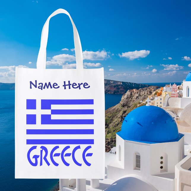 Greece Greek Flag Blue Personalization  Grocery Bag (Personalized grocery bag with Greek flag and the word GREECE below in blue letters. )