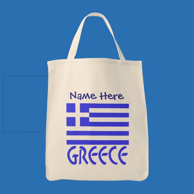Greece Greek Flag Blue Personalization  Tote Bag (Personalized tote bag with Greek flag and the word GREECE below in blue letters. Add a name above.)
