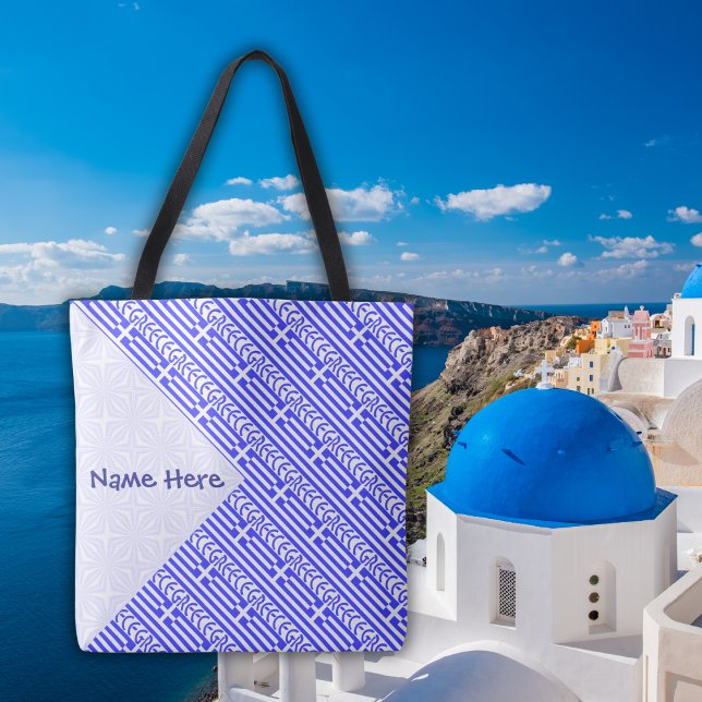 Greece Greek Flag Tiled Blue Personalized  Tote Bag (Personalized tote bag with tiled design of the Greek flag with the word GREECE below. )