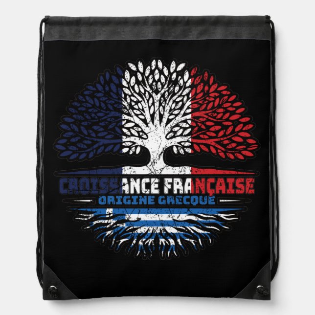 Greece Greek French France Tree Roots Flag Drawstring Bag (Front)