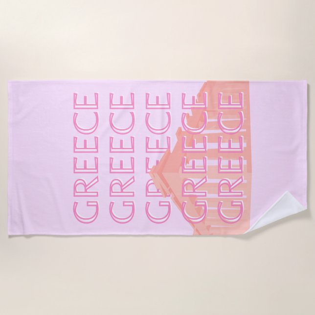Greece, Greek Travel Art, Pastel Travel Art, Pink Beach Towel (Front)