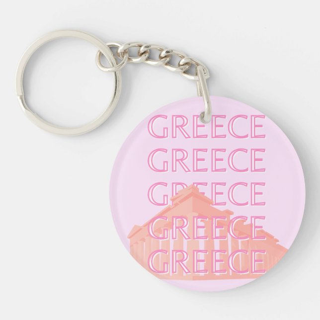 Greece, Greek Travel Art, Pastel Travel Art, Pink Keychain (Front)
