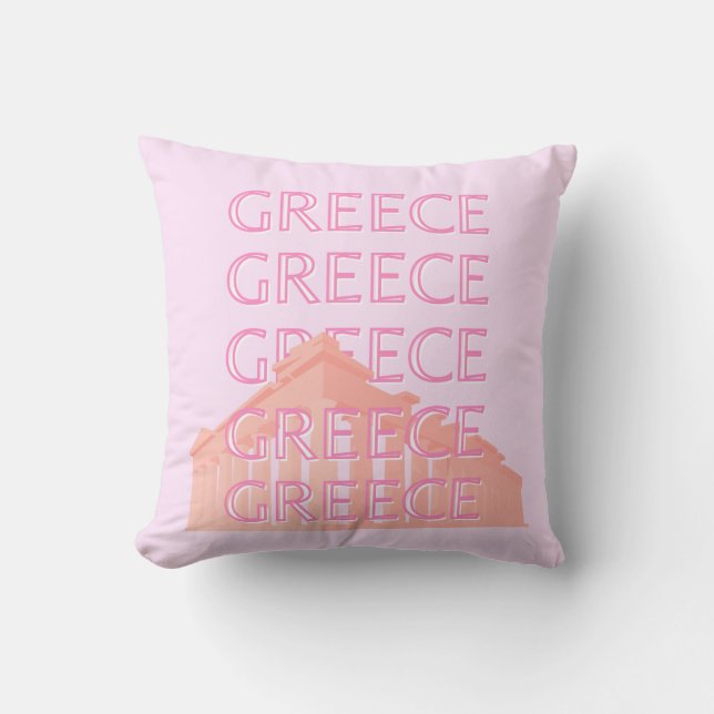 Greece, Greek Travel Art, Pastel Travel Art, Pink Throw Pillow (Front)