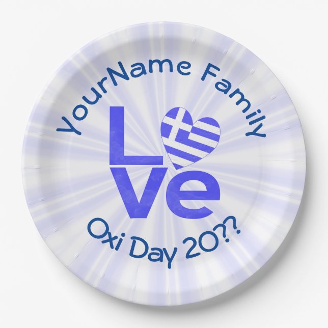 Greece Heart Flag Blue LOVE Personalized  Paper Plates (Front)