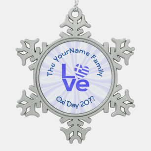 Greece Heart Flag Blue LOVE Personalized  Snowflake Pewter Christmas Ornament