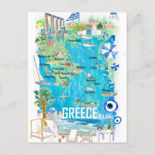 Greece Illustrated Travel Map in Mediterranean Postcard