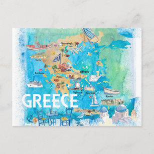 Greece Illustrated Travel Map with Landmarks Postcard