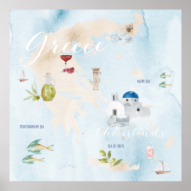 Greece Illustrated Watercolor Wall Art (Front)