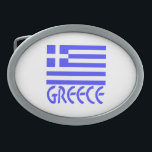Greece in Blue Greek Flag Belt Buckle<br><div class="desc">Design on oval belt buckle features the Greek flag and reads,  GREECE below in blue letters. Whether you want to celebrate your ancestry and heritage or recall a trip to a cultural haven,  you will enjoy this. Great for Oxi Day! Fun to wear to a Greek family reunion,  too.</div>