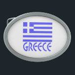 Greece in Blue Greek Flag Belt Buckle<br><div class="desc">Design on oval belt buckle features the Greek flag and reads, GREECE below in blue letters. Whether you want to celebrate your ancestry and heritage or recall a trip to a cultural haven, you will enjoy this. Great for Oxi Day! Fun to wear to a Greek family reunion, too.</div>
