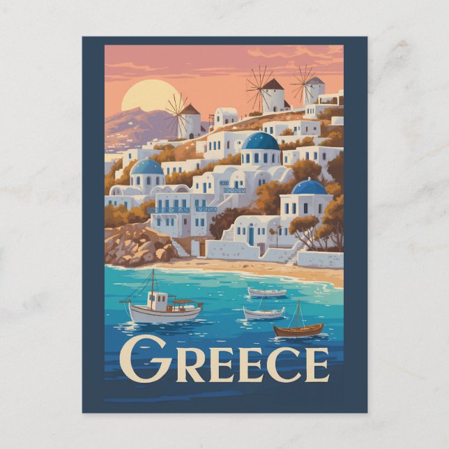 Greece Mykonos Illustration Travel Art Vintage Postcard (Front)