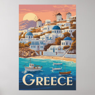 Greece Mykonos Illustration Travel Art Vintage Poster
