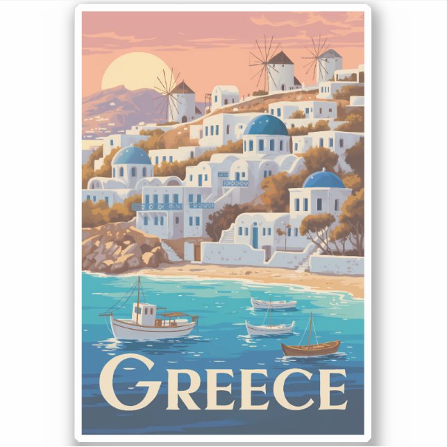 Greece Mykonos Illustration Travel Art Vintage Sticker (Front)