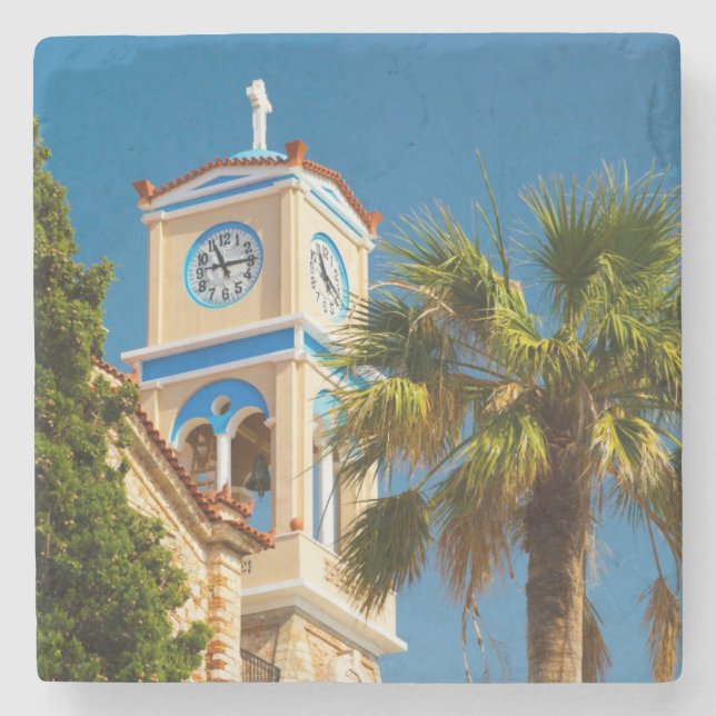 Greece - Orthodox Greek Church with Palm Tree Stone Coaster (Front)