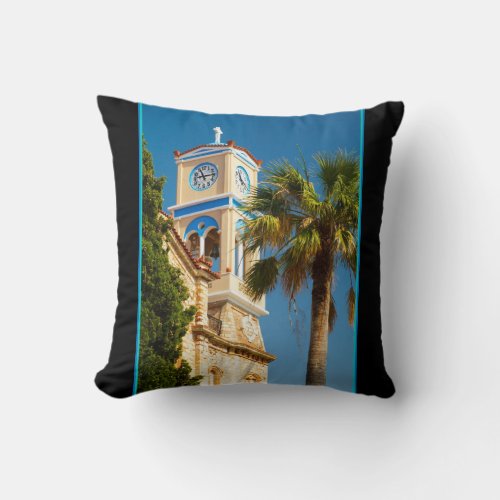 Greece _ Orthodox Greek Church with Palm Tree Throw Pillow