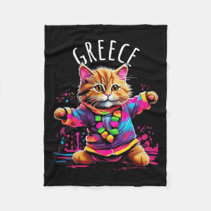 Greece Quirky Funny Cute Colorful Dancing Cat Desi Fleece Blanket