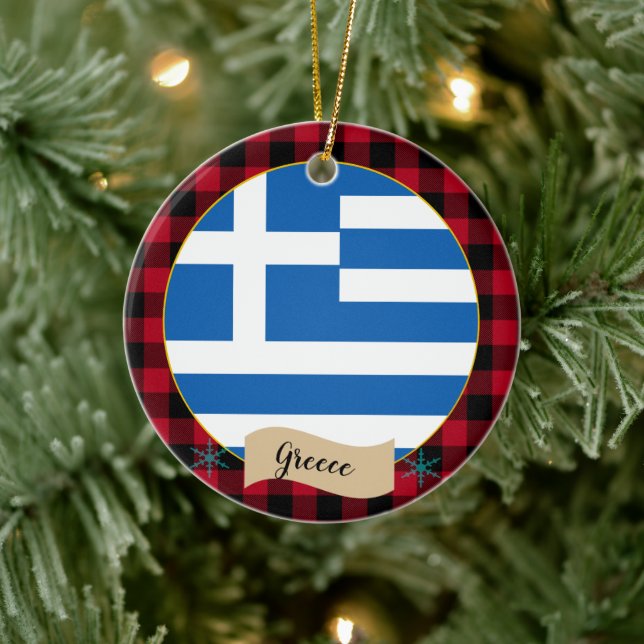 Greece, Red buffalo plaid & Greek Flag Ceramic Ornament (Tree)