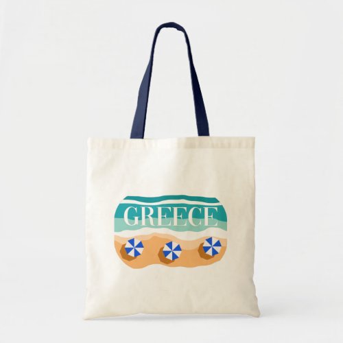 Greece Sandy Beach with Blue Umbrellas And Waves Tote Bag
