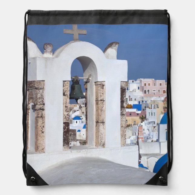Greece, Santorini. Bell tower and blue domes of 2 Drawstring Bag (Front)