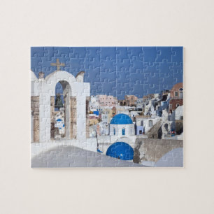 Greece, Santorini. Bell tower and blue domes of 2 Jigsaw Puzzle