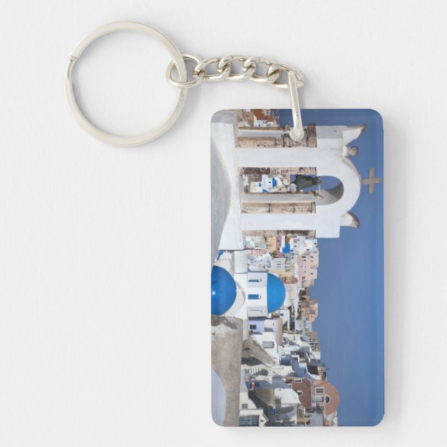 Greece, Santorini. Bell tower and blue domes of 2 Keychain (Front)