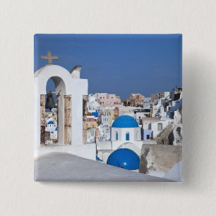 Greece, Santorini. Bell tower and blue domes of 2 Pinback Button