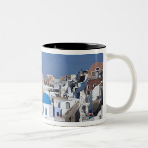 Greece, Santorini. Bell tower and blue domes of 2 Two-Tone Coffee Mug
