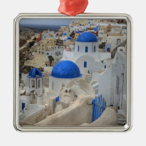 Greece Santorini Bell tower and blue domes of 3 Metal Ornament
