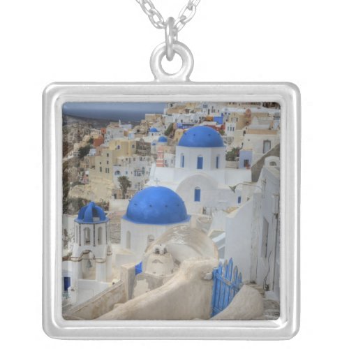 Greece Santorini Bell tower and blue domes of 3 Silver Plated Necklace