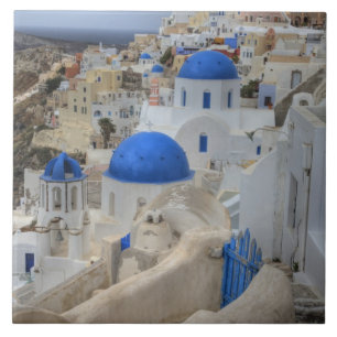 Greece, Santorini. Bell tower and blue domes of 3 Tile