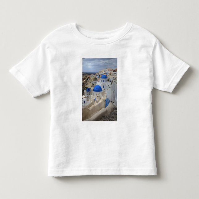 Greece, Santorini. Bell tower and blue domes of 3 Toddler T-shirt (Front)