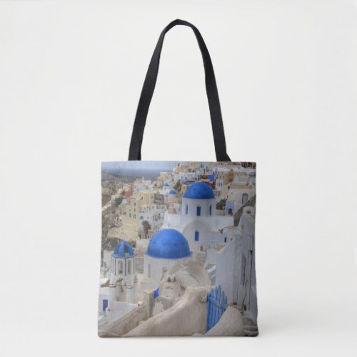 Greece Santorini Bell tower and blue domes Tote Bag