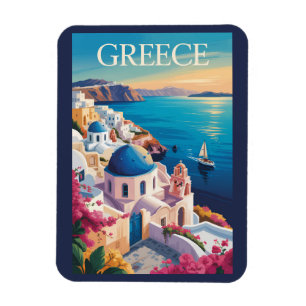 Greece Santorini Illustration Travel Art Vintage Magnet