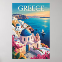Greece Santorini Illustration Travel Art Vintage