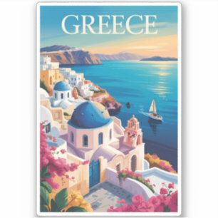 Greece Santorini Illustration Travel Art Vintage Sticker