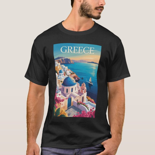 Greece Santorini Illustration Travel Art Vintage T-Shirt (Front)