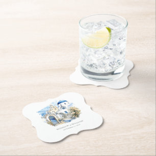 Greece Santorini Personalized Minimal Wedding Paper Coaster