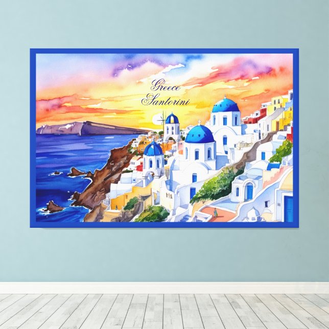 Greece Santorini Watercolor Sketch Aegean Sea |  Canvas Print (Insitu(Wood Floor))