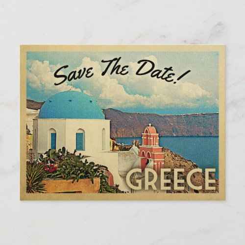 Greece Save The Date Vintage Santorini Announcement Postcard