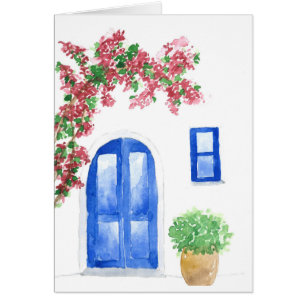 Greece Scenery Bougainvillea Watercolor Print Card