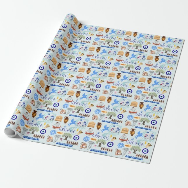 Greece Symbols Travel Lovers Wrapping Paper (Unrolled)