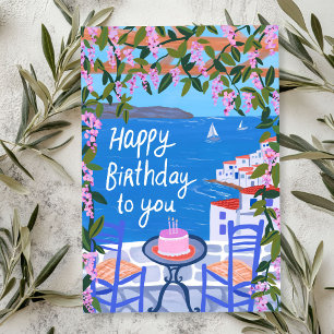 Greece Terrace Views Art Painting Happy Birthday Card